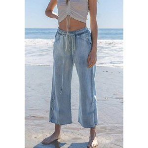 POL Clothing Women's Lightweight Denim Wide Opening Jeans Self String Tie smp92